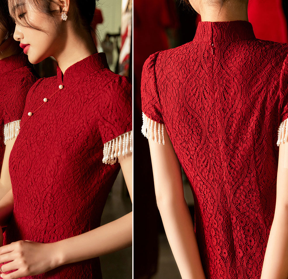 Burgundy Lace Wedding Bridal Cheongsam Qi Pao Dress with Beads