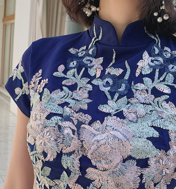 Blue White Appliques Short Cheongsam Qipao Dress