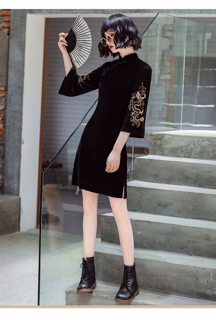 Black Embroidered Dragon Velvet Cheongsam Qi Pao Dress