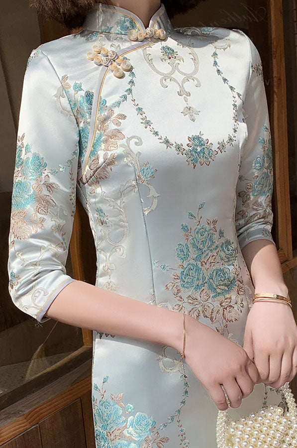 Blue Woven Floral Midi Winter Cheongsam / Qipao Dress