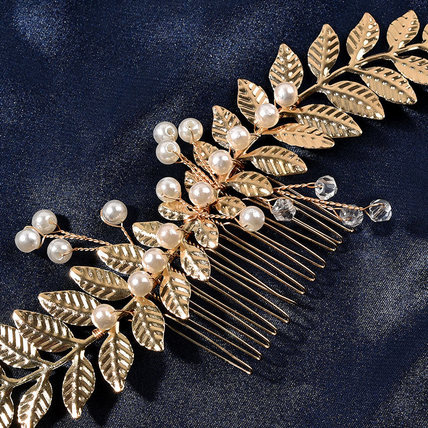 Gold Leaf Pearl Wedding Hair Combs Clips