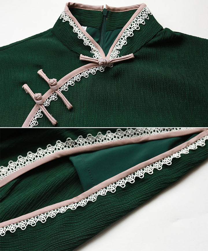 Green Midi Modern Qipao / Cheongsam Dress with Lace Trim