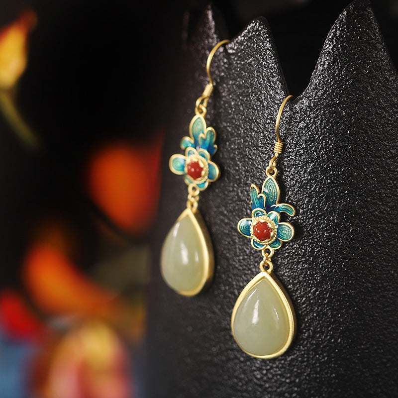 Vintage Silver Agate Jade Drop Dangle Earrings
