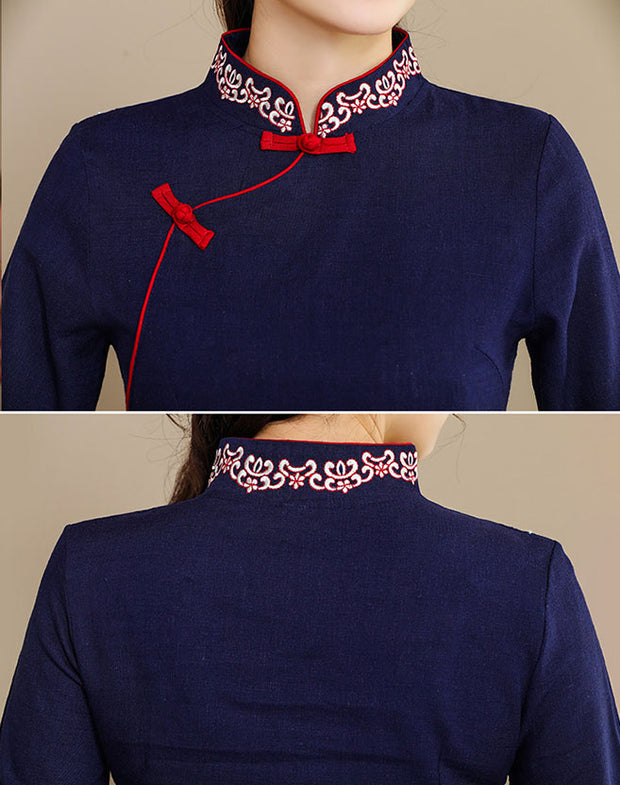 Red Blue Embroidered Linen Cheongsam Blouse Top