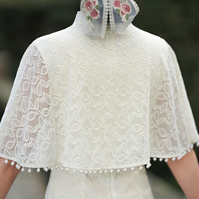 White Lace Mid Cheongsam Qi Pao Dress with Shawl