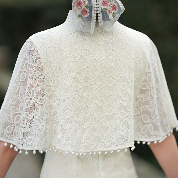 White Lace Mid Cheongsam Qi Pao Dress with Shawl