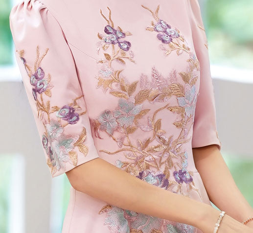 Pink Appliques Fit & Flare Wedding Cheongsam Qi Pao Dress