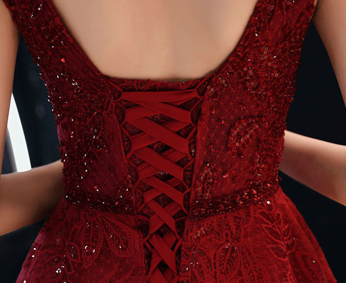 Burgundy Sequined Lace A-Line Maxi Formal Wedding Dress
