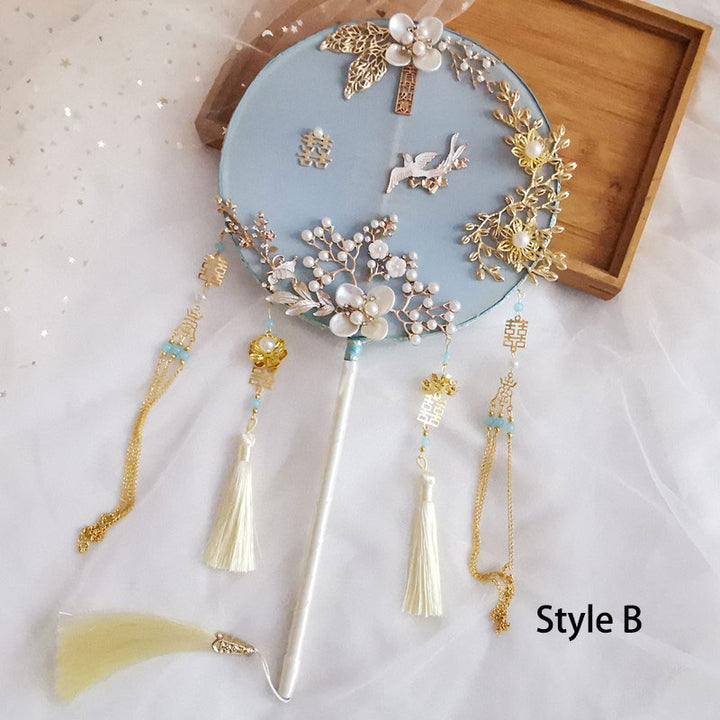 Blue Vintage Pearl Floral Tassels Bride Hand Held Fans