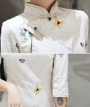 Embroidered Butterfly White Lace Qipao / Cheongsam Dress