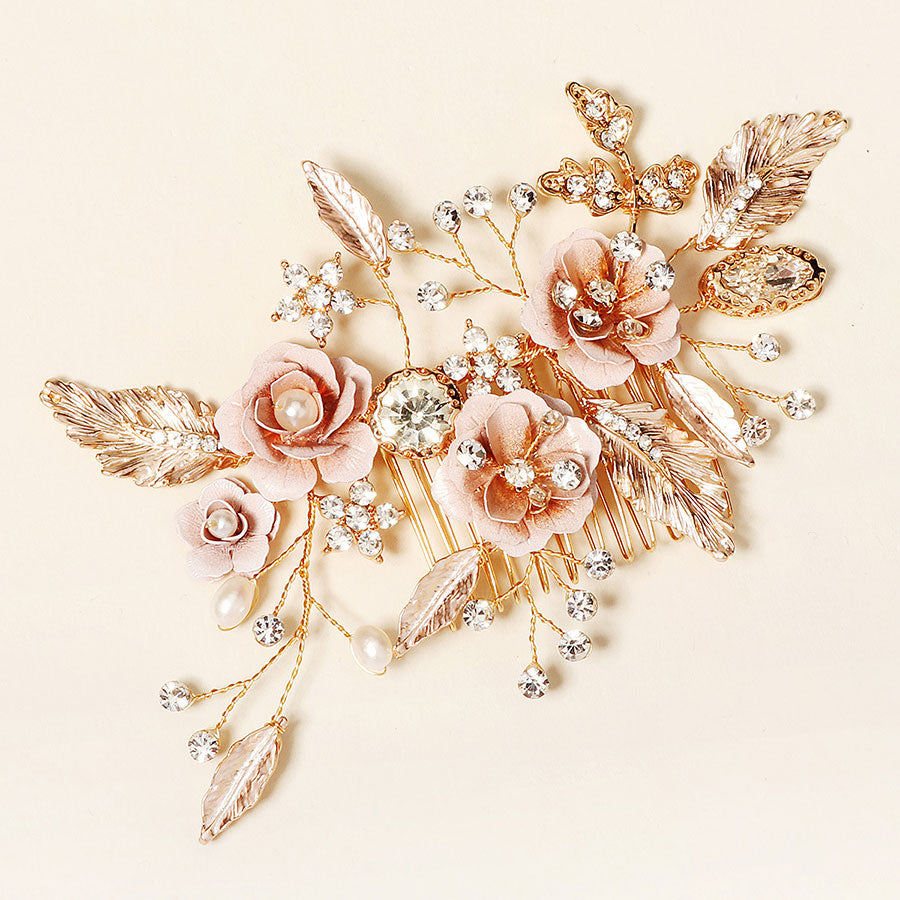 Gold Rhinestone Flower Leaf Bride Wedding Hair Comb