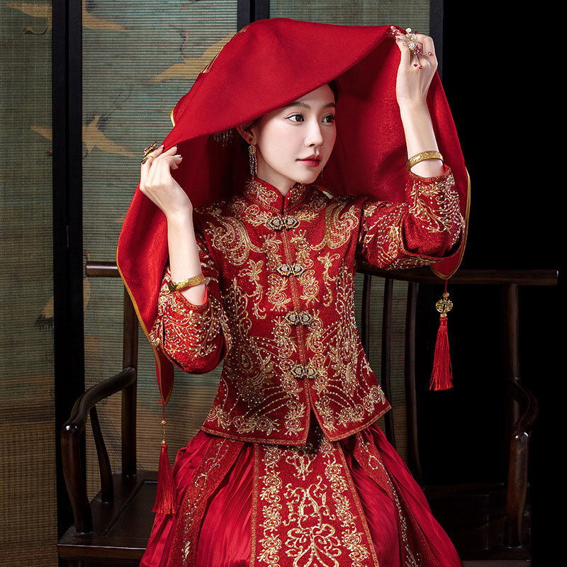 Red Floral Embroidery Chinese Wedding Bridal Veil