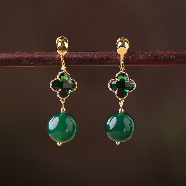 Green Jade Crystal Drop Dangle Clip On Earrings
