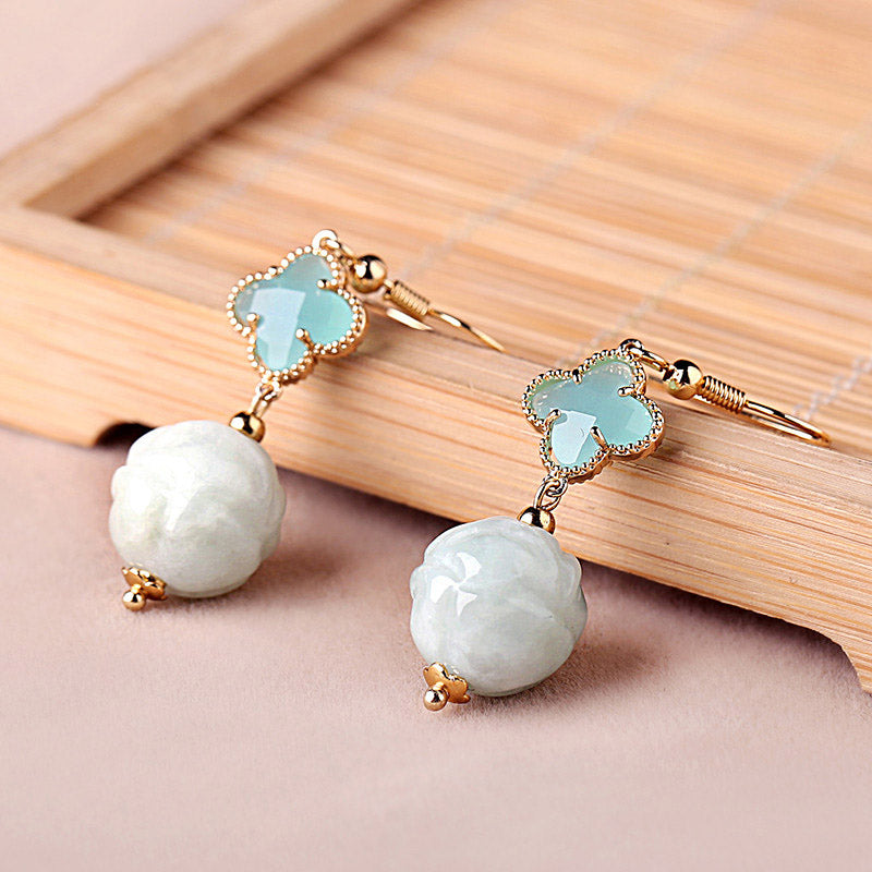 Blue Jade Crystal Drop Dangle Clip On Earrings