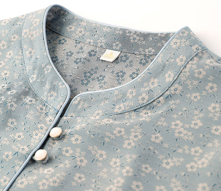 Blue Red Floral Mothers Summer Cheongsam Blouse Top