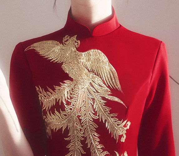 Burgundy A-Line Phoenix Cheongsam Qi Pao Wedding Dress