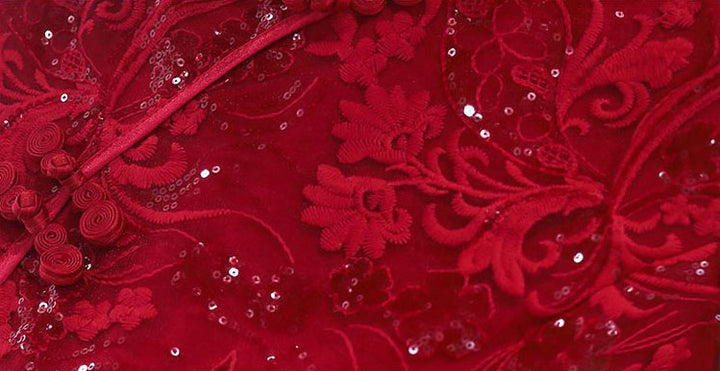 Sequined Red Lace Frill Hem Wedding Cheongsam Qipao Dress