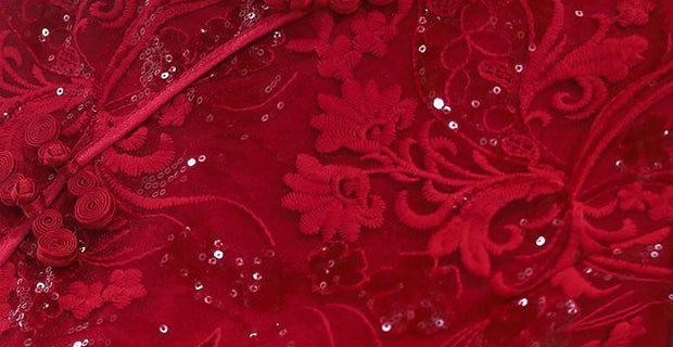 Sequined Red Lace Frill Hem Wedding Cheongsam Qipao Dress