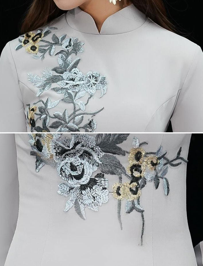 Gray Floor Length A-Line Appliques Cheongsam Qi Pao Dress
