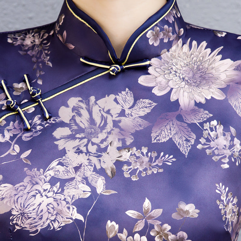 Black Purple Floral Qipao / Cheongsam Blouse Top 