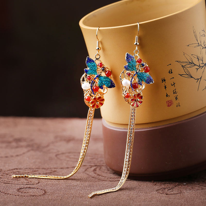 Long Drop Cloisonne Alloy Tassel Dangle Earrings