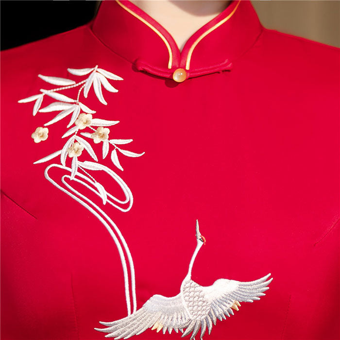 2021 Embroidered Cranes Cheongsam Qi Pao Dress