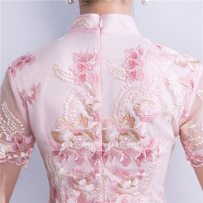 Pink Embroidered Short Modern Qipao / Cheongsam Party Dress