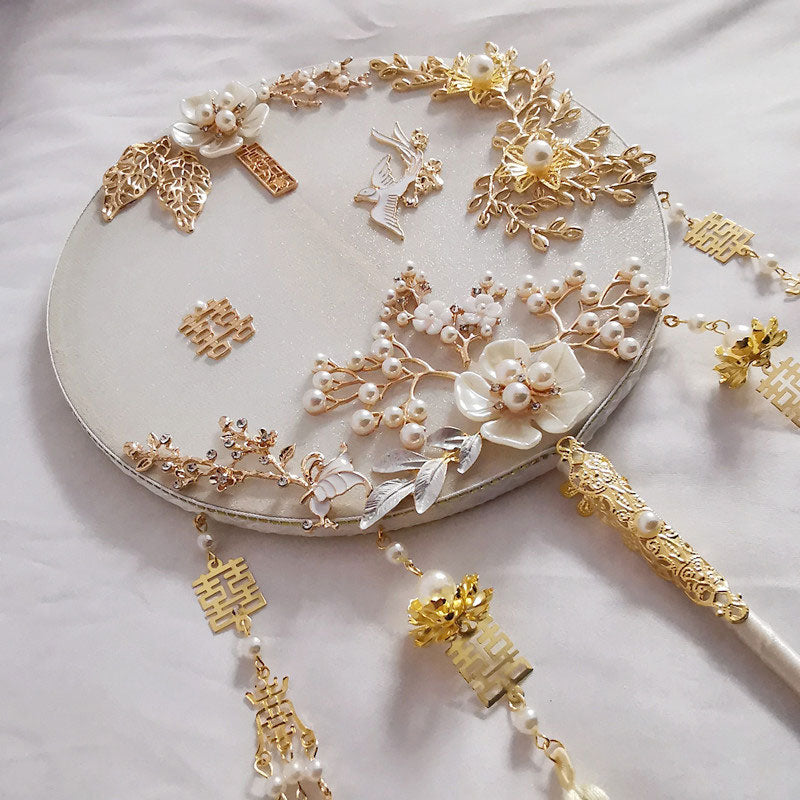 Vintage Pearl Floral Tassels Bride Hand Held Fans