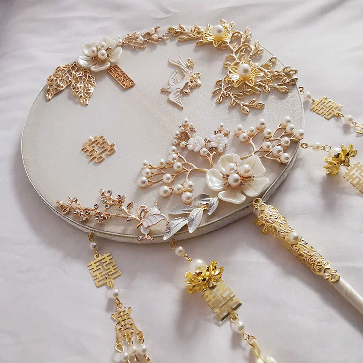 Vintage Pearl Floral Tassels Bride Hand Held Fans