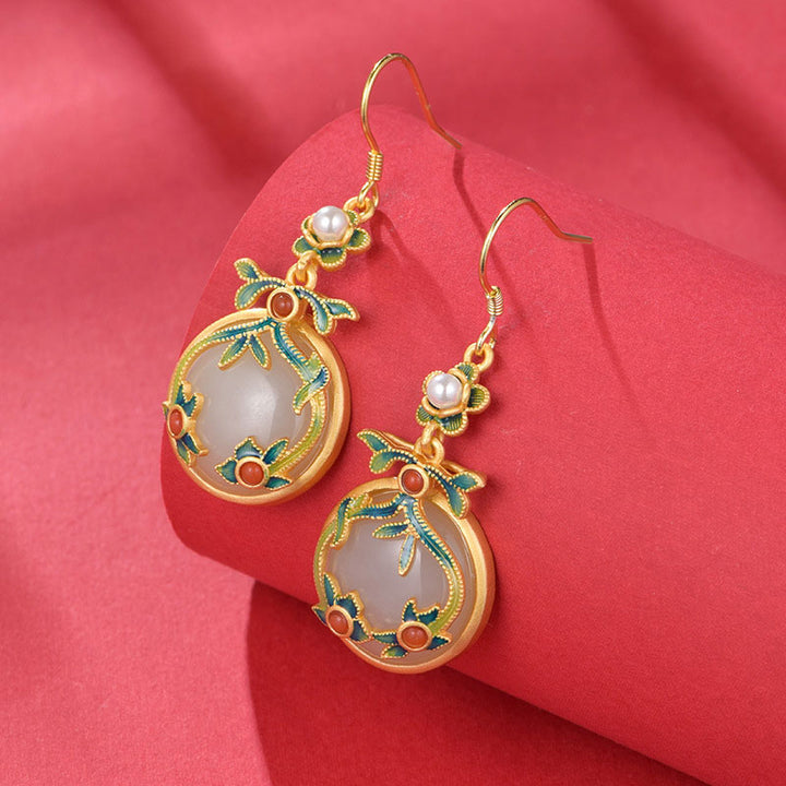 Vintage Colored Enamel Jade Drop Dangle Earrings