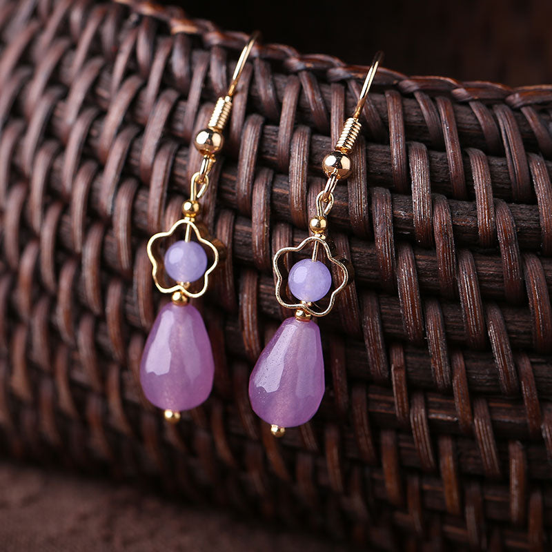 Purple Jade Drop Dangle Hook Clip On Earrings
