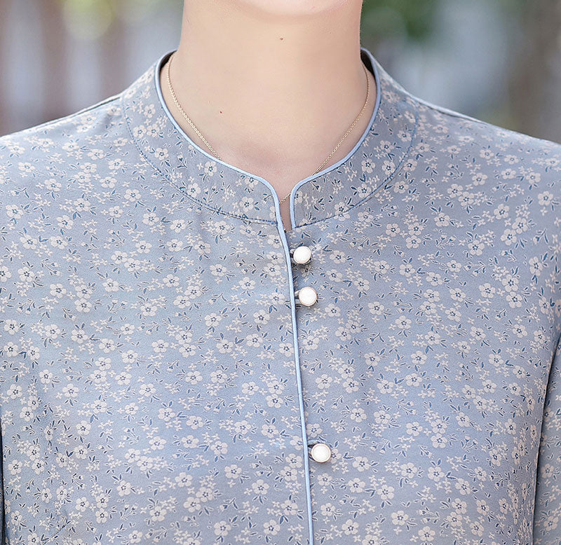 Blue Red Floral Mothers Summer Cheongsam Blouse Top