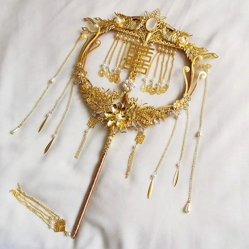 Chinese Vintage Alloy Dragon Phoenix Bride Hand Fans
