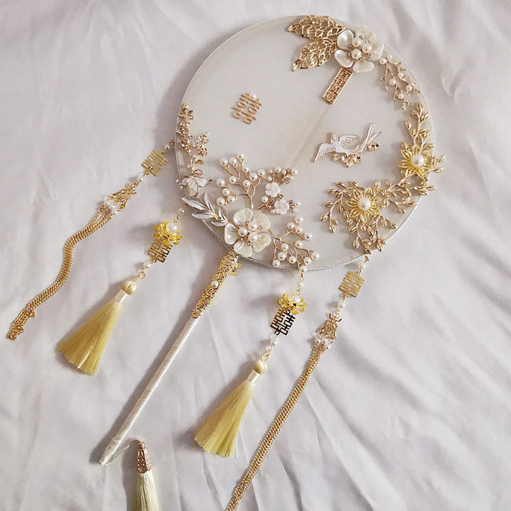 Vintage Pearl Floral Tassels Bride Hand Held Fans