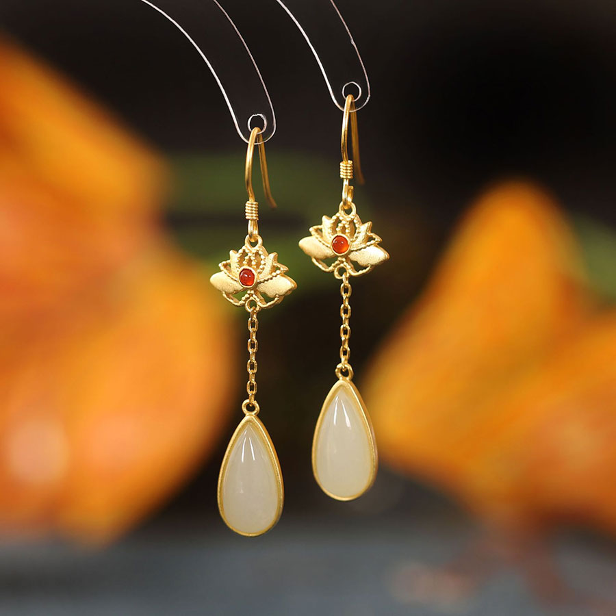Gold Silver Lotus Jade Drop Dangle Earrings