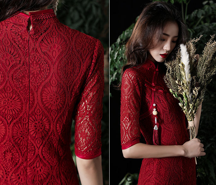 Burgundy Lace Fishtail Qipao / Wedding Cheongsam Dress
