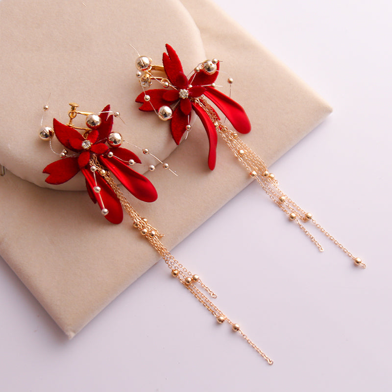 Red Silk Blossom Pearl Bridal Hair Vine Clip