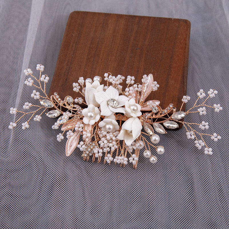 Pearls Crystal Flower Wedding Bride Hair Comb Clip