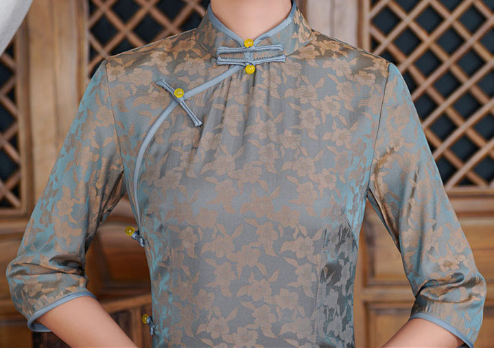 Blue Pink Jacquard Mid Tea Cheongsam Qipao Dress