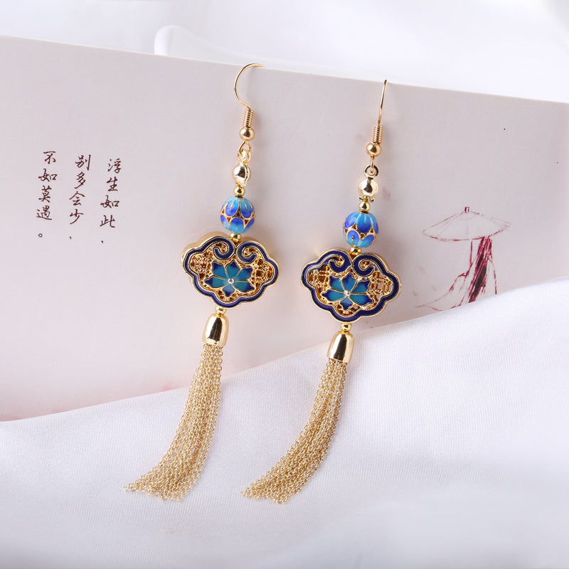 Cloisonne Tassel Drop Dangle Clip On Pierced Earrings