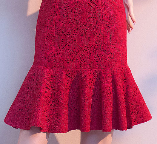 Wine Red Lace Qi Pao Cheongsam Wedding Dress with Frill Hem