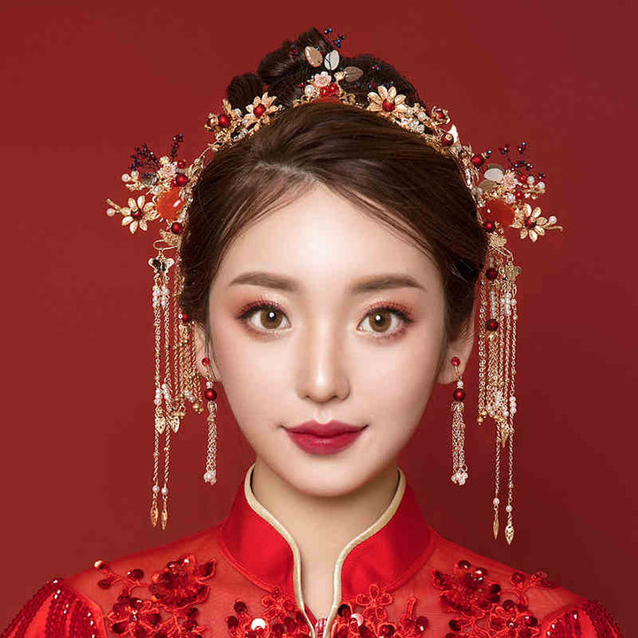 3-Piece Glod Tone Floral Hair Combs Earring