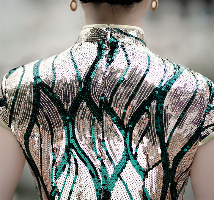 Stripe Sequined Cheongsam Qipao Evening Dress With Tassels Hem