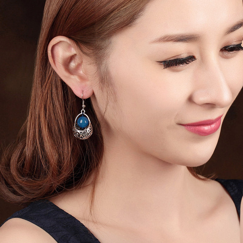  Pierced Clip On Blue Agate Dangle Drop Earrings