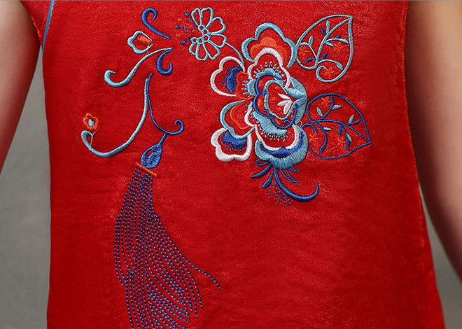 Red Embroidered Kids Girl Cheongsam / Qipao Dress