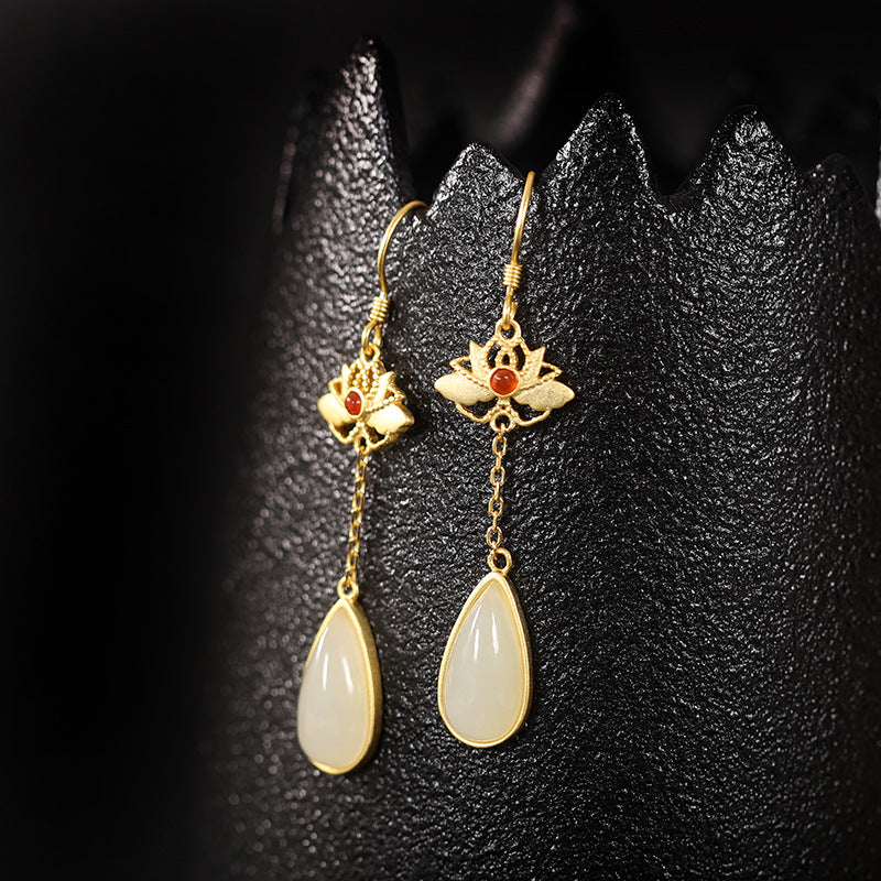 Gold Silver Lotus Jade Drop Dangle Earrings