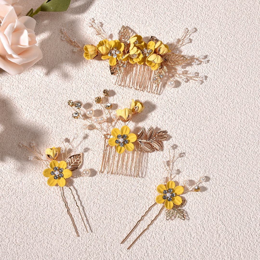 4 Pics Rhinestone Flower Bridesmaids Wedding Hair Combs Pins