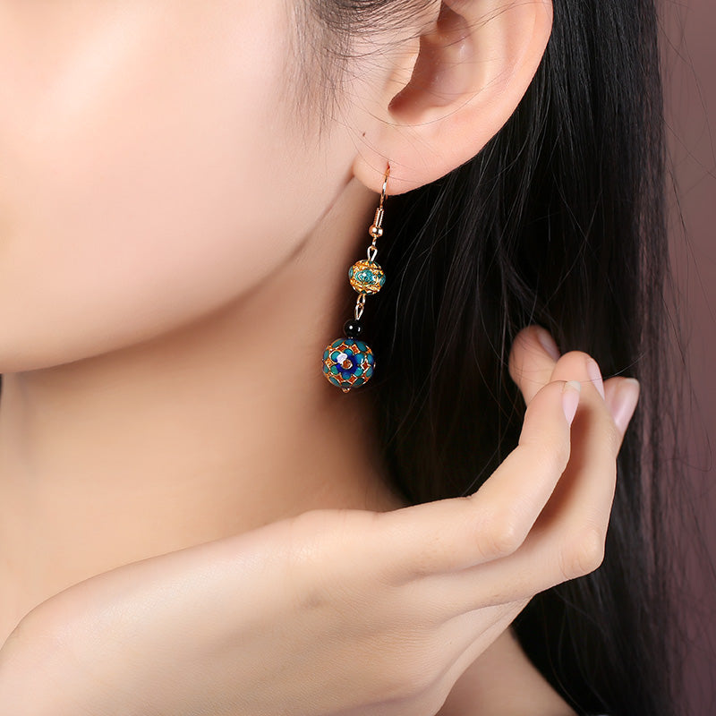 Agate Cloisonne Drop Dangle Hook Clip On Earrings