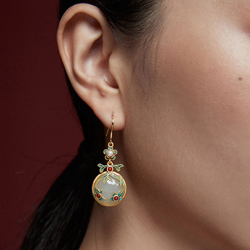 Vintage Colored Enamel Jade Drop Dangle Earrings