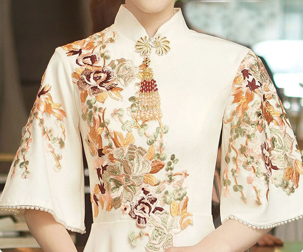 Beige Red Embroidered A-Line Mid Qi Pao Cheongsam Wedding Dress